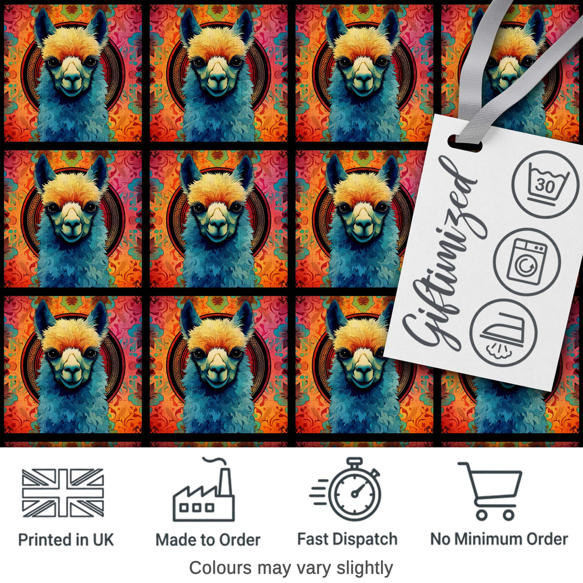 Colorful Llama Portrait with Vibrant Boho Pattern Background Seamless Pattern Digital Print Fabric by the Metre UK Sewing Quilting Textile