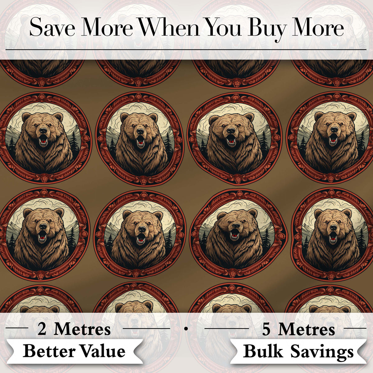 Majestic Bear Portrait in Ornate Frame Seamless Pattern Digital Print Fabric by the Metre UK Sewing Quilting Textile
