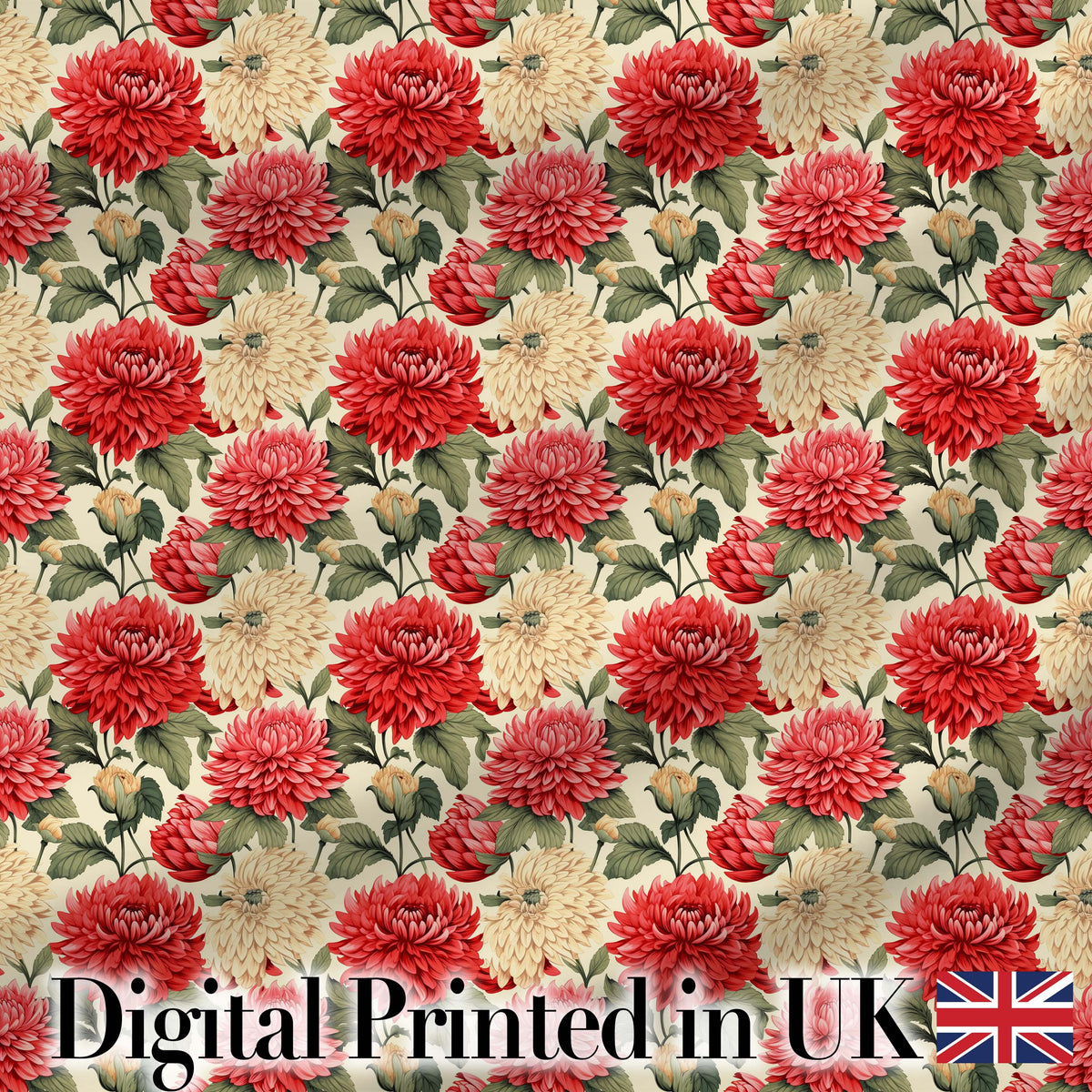 Red and Cream Chrysanthemum Floral Garden Seamless Pattern Digital Print Fabric by the Metre UK Sewing Quilting Textile