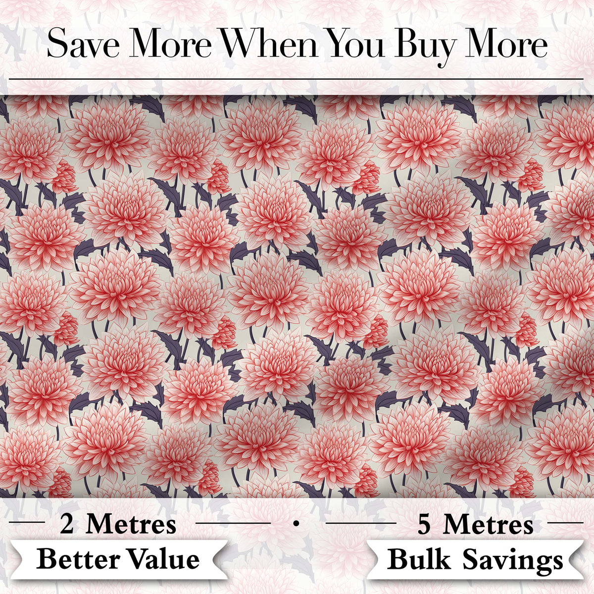 Soft Coral Dahlia Flower Garden Seamless Pattern Digital Print Fabric by the Metre UK Sewing Quilting Textile
