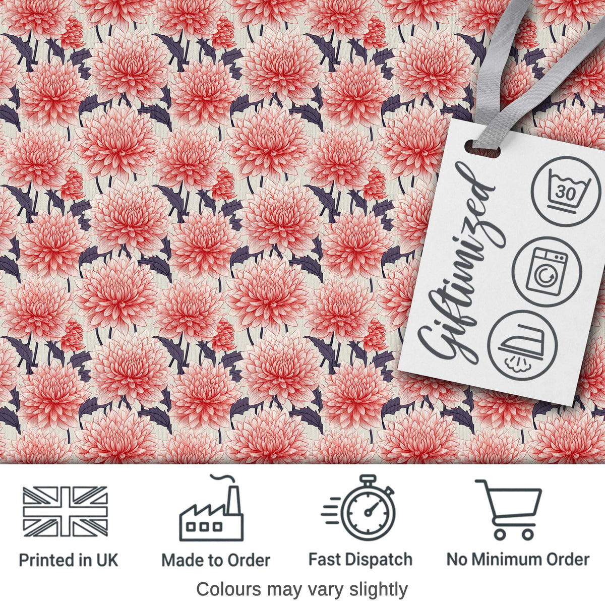 Soft Coral Dahlia Flower Garden Seamless Pattern Digital Print Fabric by the Metre UK Sewing Quilting Textile