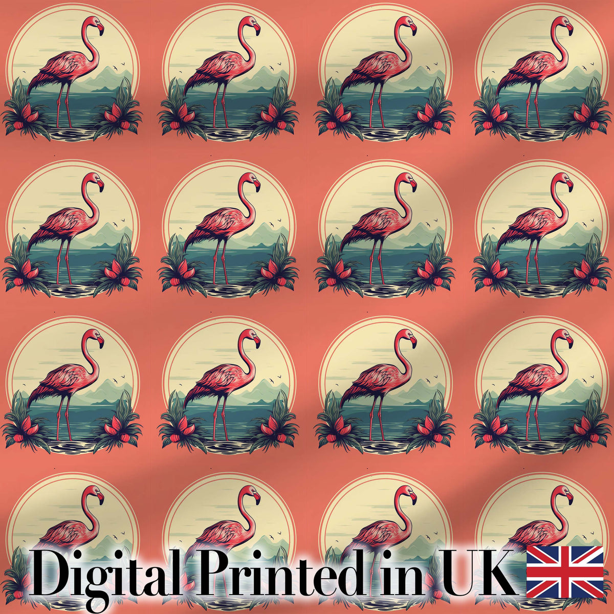 Tropical Flamingo Sunset Landscape Circle Design Seamless Pattern Digital Print Fabric by the Metre UK Sewing Quilting Textile