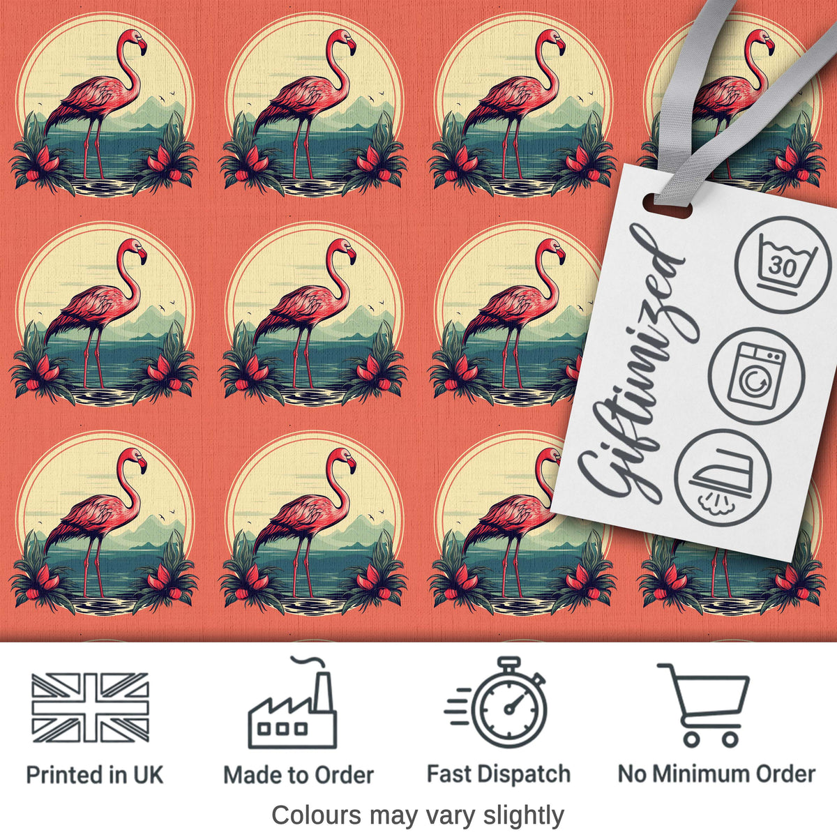 Tropical Flamingo Sunset Landscape Circle Design Seamless Pattern Digital Print Fabric by the Metre UK Sewing Quilting Textile