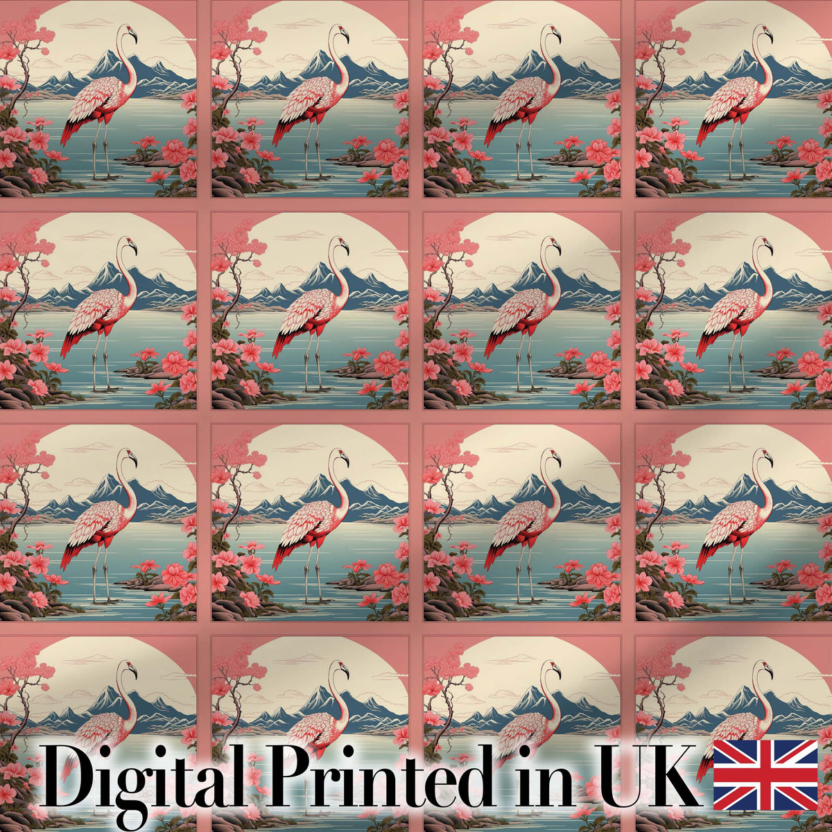 Elegant Flamingo Lake with Cherry Blossom and Mountain Scene Seamless Pattern Digital Print Fabric by the Metre UK Sewing Quilting Textile