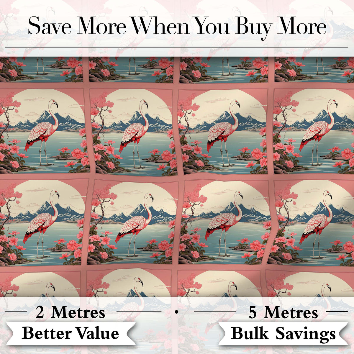 Elegant Flamingo Lake with Cherry Blossom and Mountain Scene Seamless Pattern Digital Print Fabric by the Metre UK Sewing Quilting Textile
