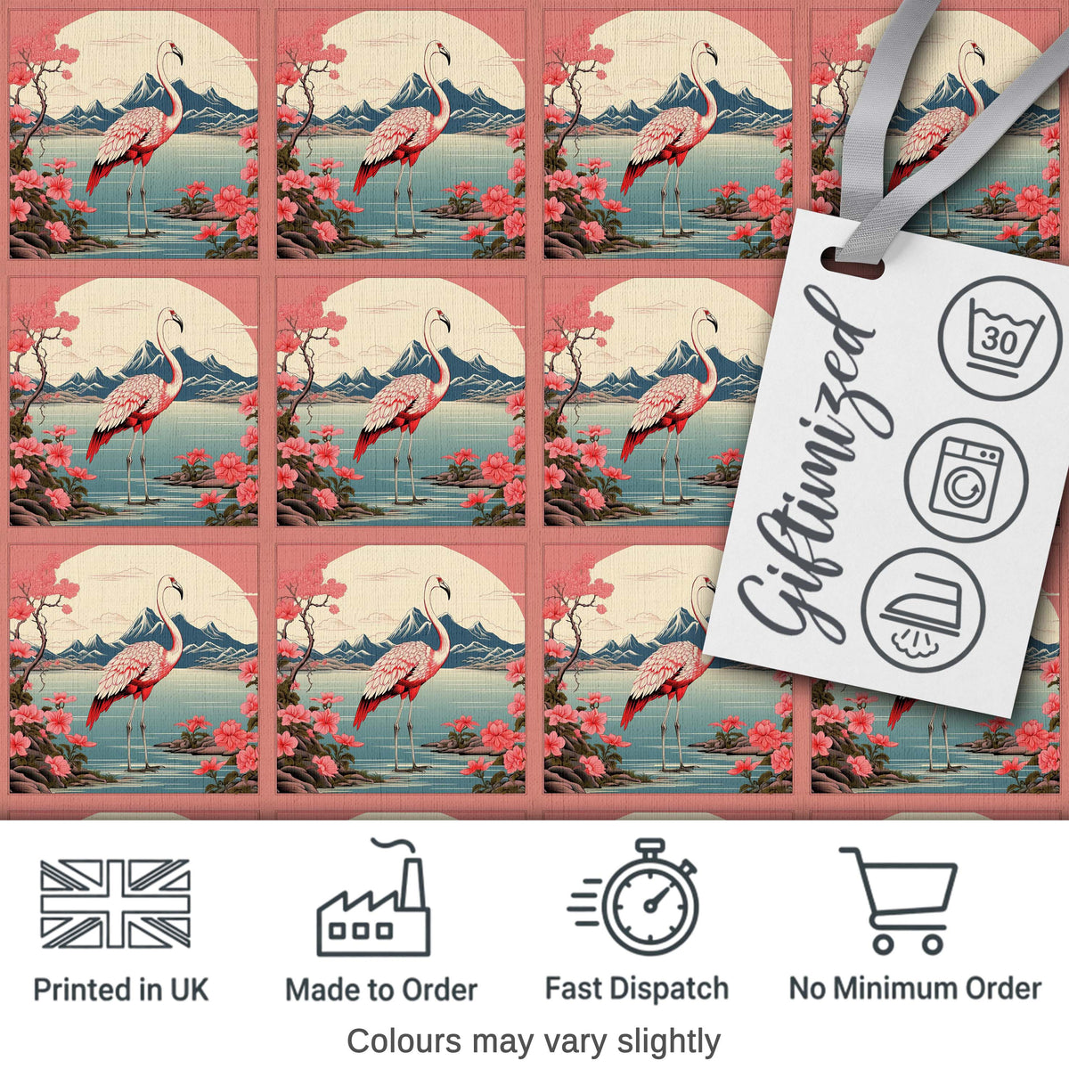 Elegant Flamingo Lake with Cherry Blossom and Mountain Scene Seamless Pattern Digital Print Fabric by the Metre UK Sewing Quilting Textile