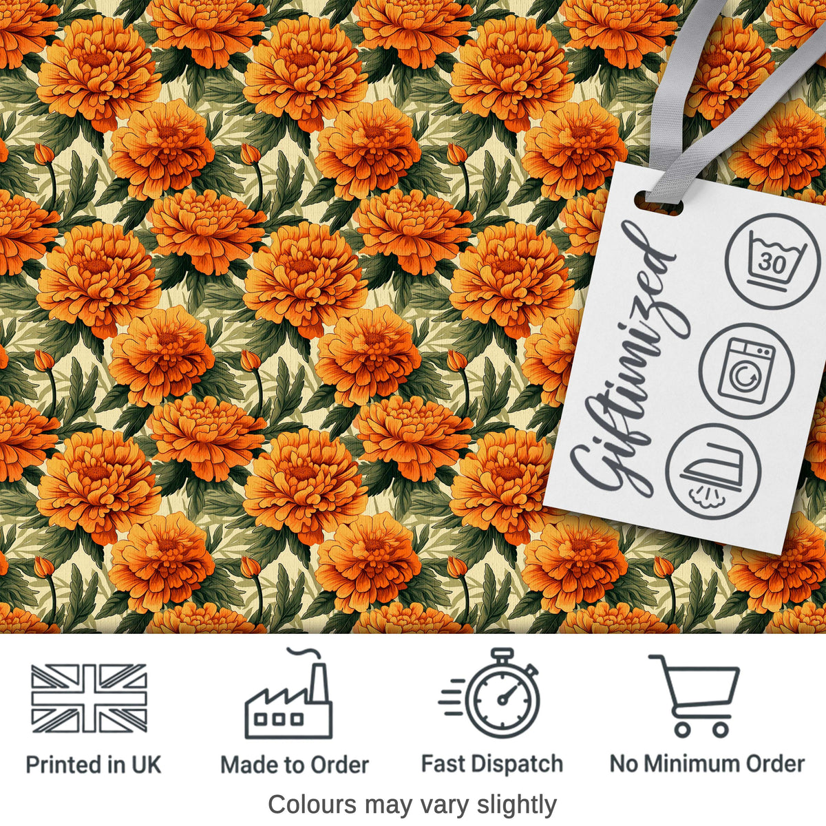 Orange Marigold Flower Garden Seamless Pattern Digital Print Fabric by the Metre UK Sewing Quilting Textile