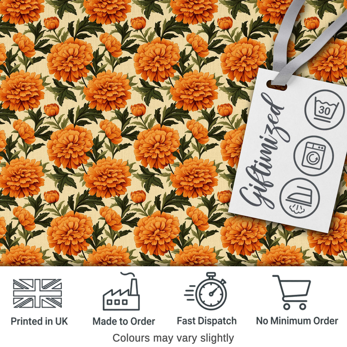Orange Marigold Floral Garden Seamless Pattern Digital Print Fabric by the Metre UK Sewing Quilting Textile