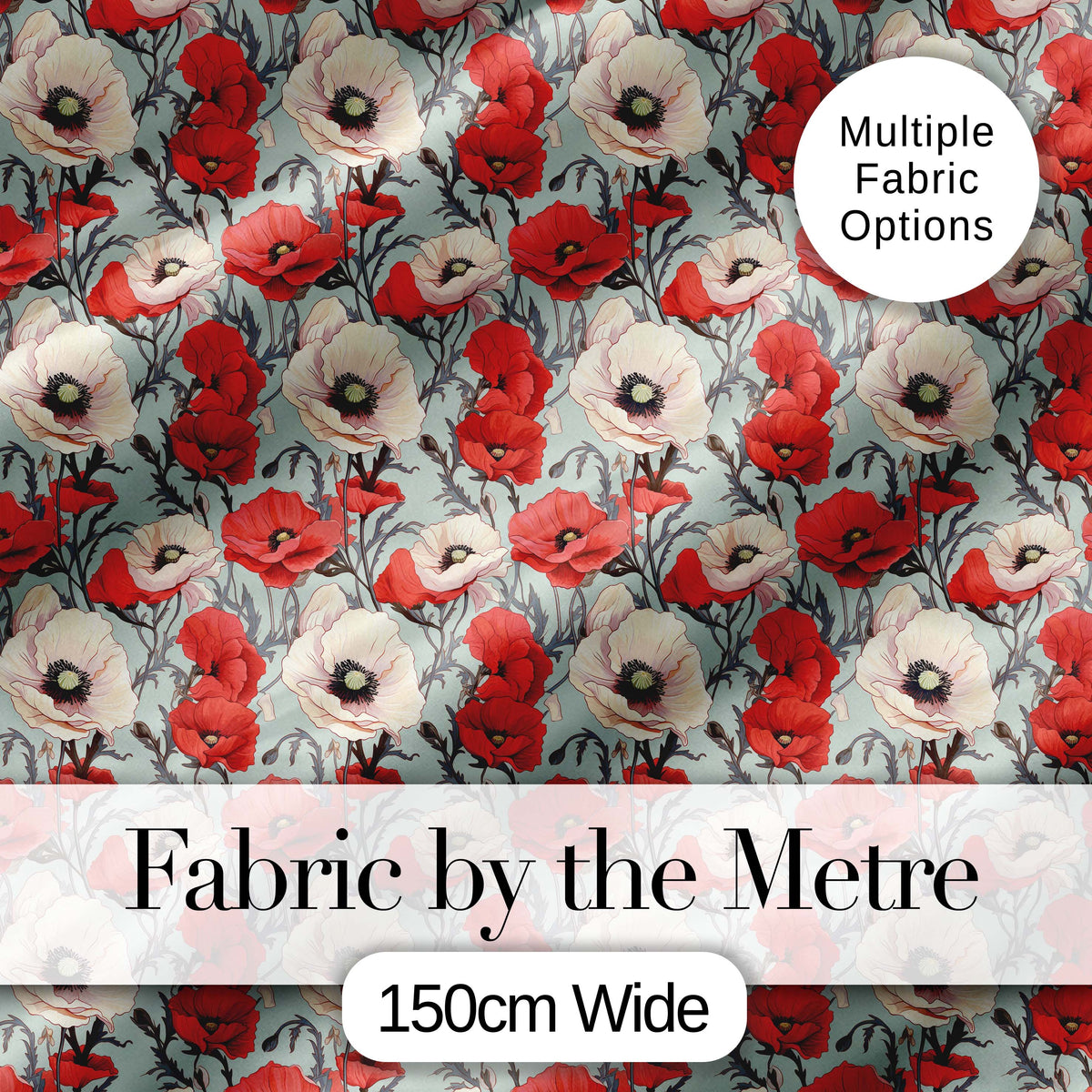 Red and White Poppy Botanical Vintage Seamless Pattern Digital Print Fabric by the Metre UK Sewing Quilting Textile