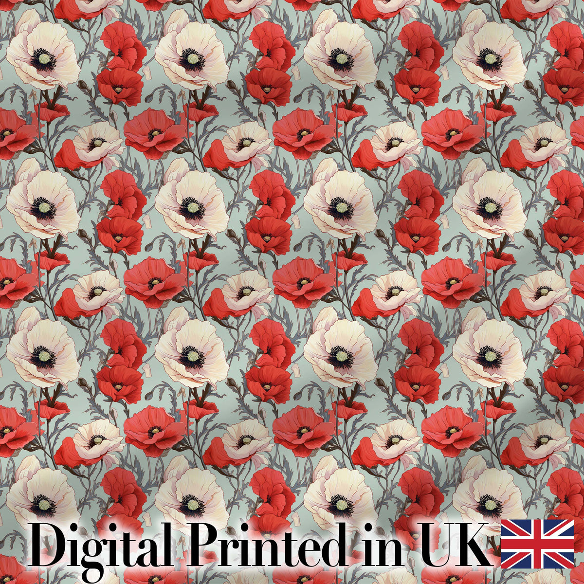 Red and White Poppy Botanical Vintage Seamless Pattern Digital Print Fabric by the Metre UK Sewing Quilting Textile