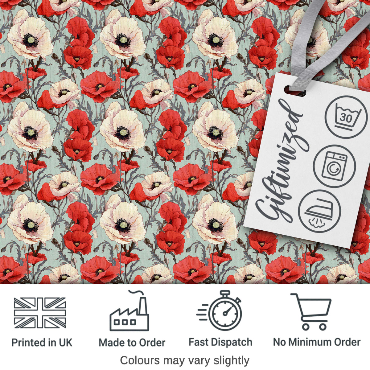 Red and White Poppy Botanical Vintage Seamless Pattern Digital Print Fabric by the Metre UK Sewing Quilting Textile