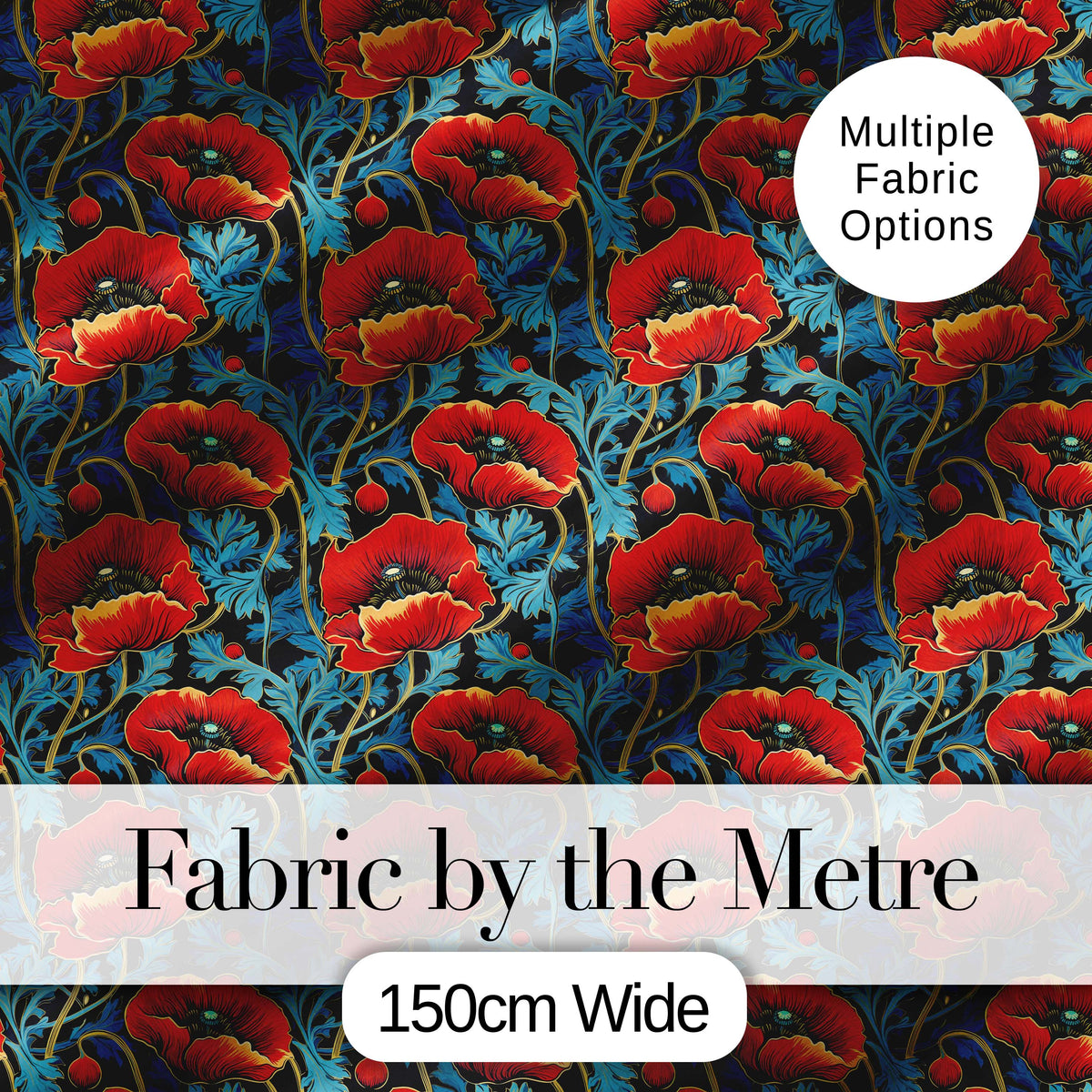 Vintage Red Poppy Floral on Dark Background Seamless Pattern Digital Print Fabric by the Metre UK Sewing Quilting Textile