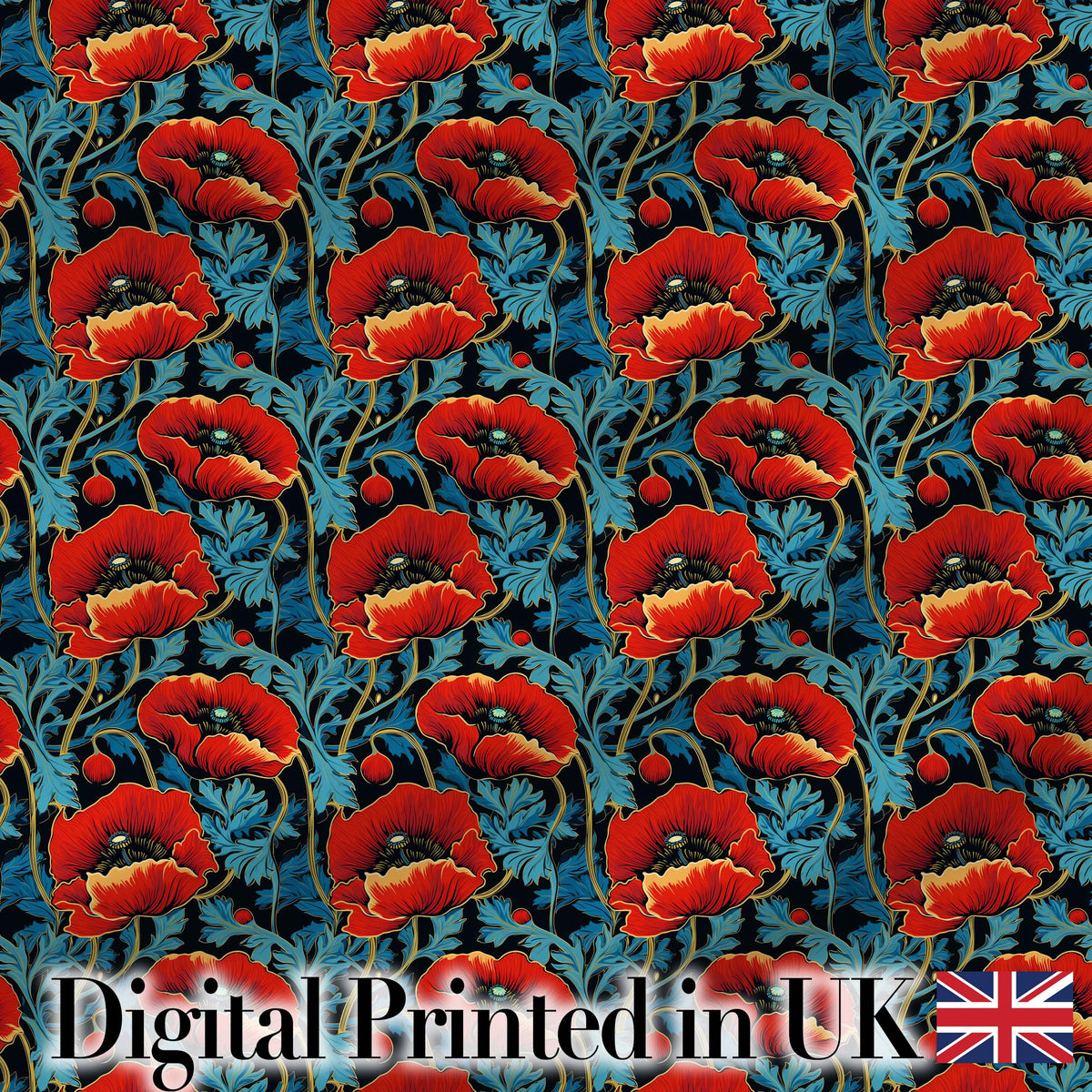 Vintage Red Poppy Floral on Dark Background Seamless Pattern Digital Print Fabric by the Metre UK Sewing Quilting Textile