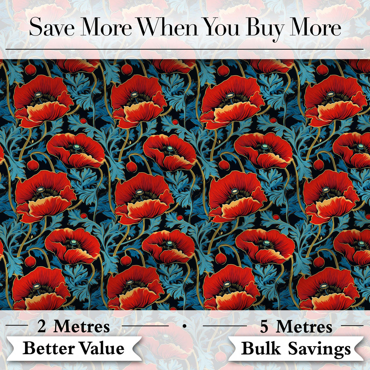 Vintage Red Poppy Floral on Dark Background Seamless Pattern Digital Print Fabric by the Metre UK Sewing Quilting Textile