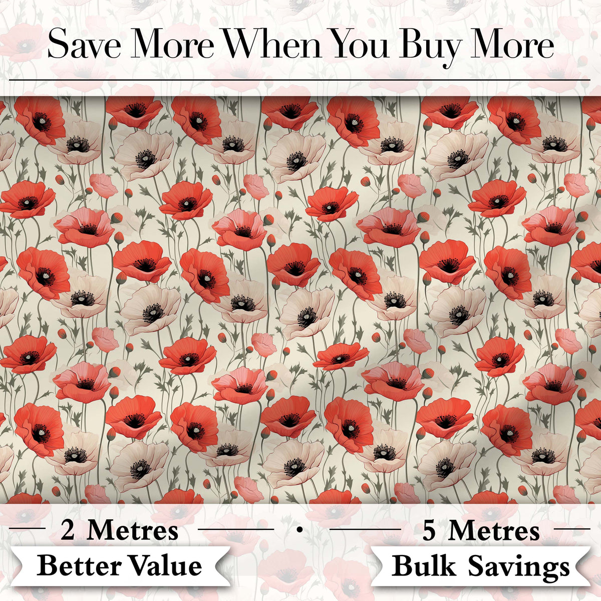 Soft Red and Cream Poppy Meadow Seamless Pattern Digital Print Fabric by the Metre UK Sewing Quilting Textile