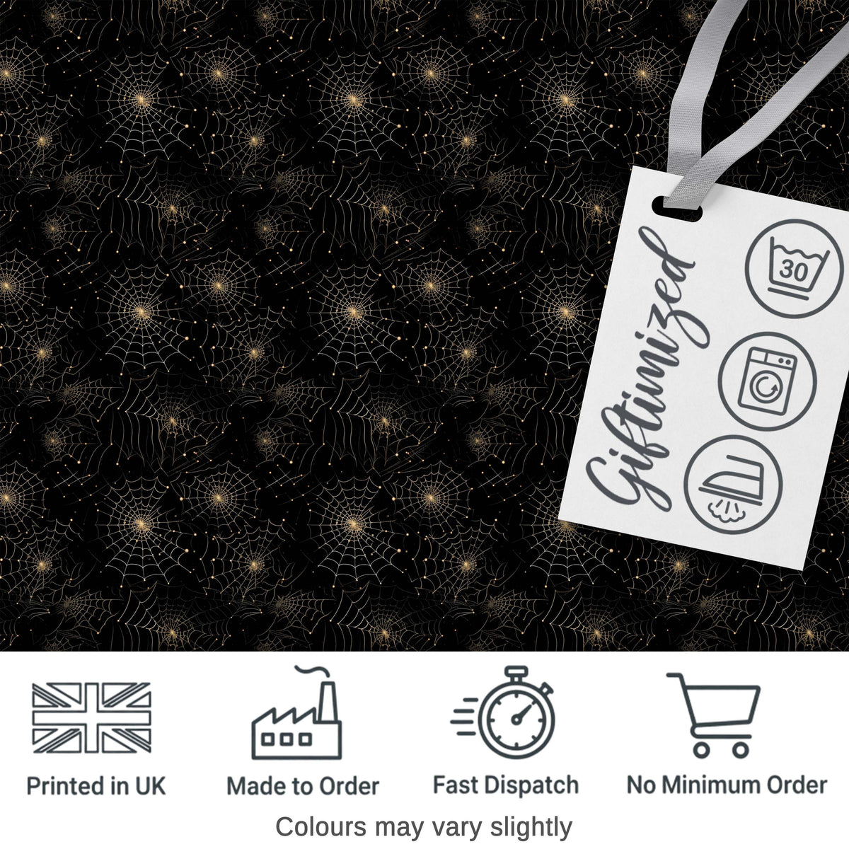 Elegant Gold Spider Web on Black Halloween Seamless Pattern Digital Print Fabric by the Metre UK Sewing Quilting Textile