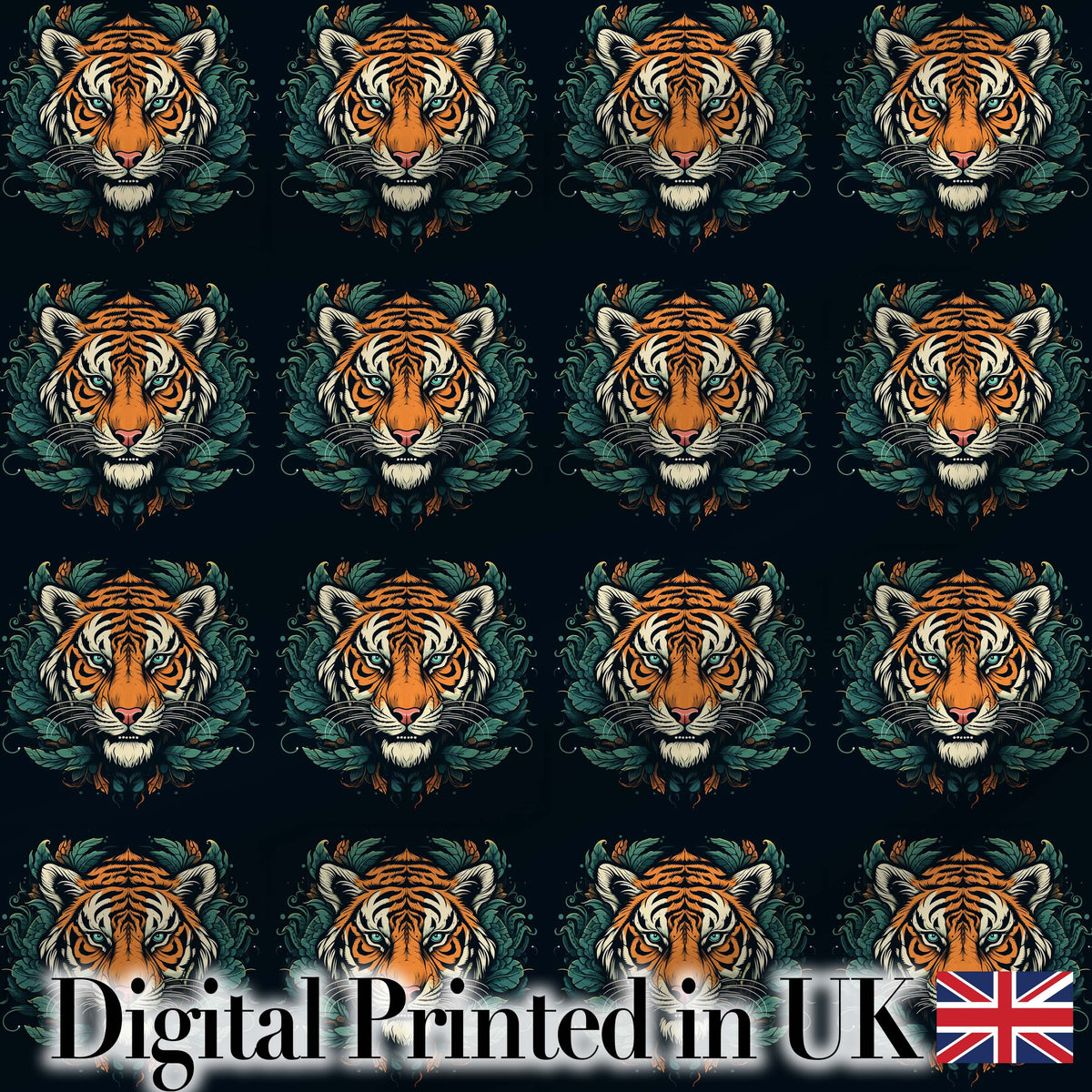 Decorative Tiger Portrait with Leaves Seamless Pattern Digital Print Fabric by the Metre UK Sewing Quilting Textile