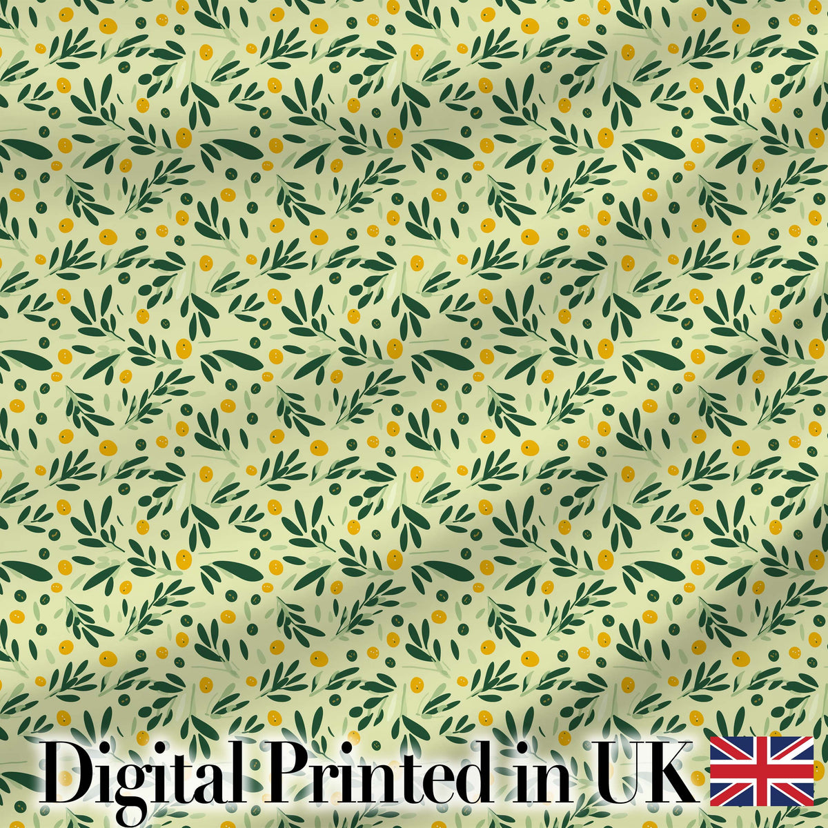 Minimal Olive Leaves and Berries Soft Green Seamless Pattern Digital Print Fabric by the Metre UK Sewing Quilting Textile
