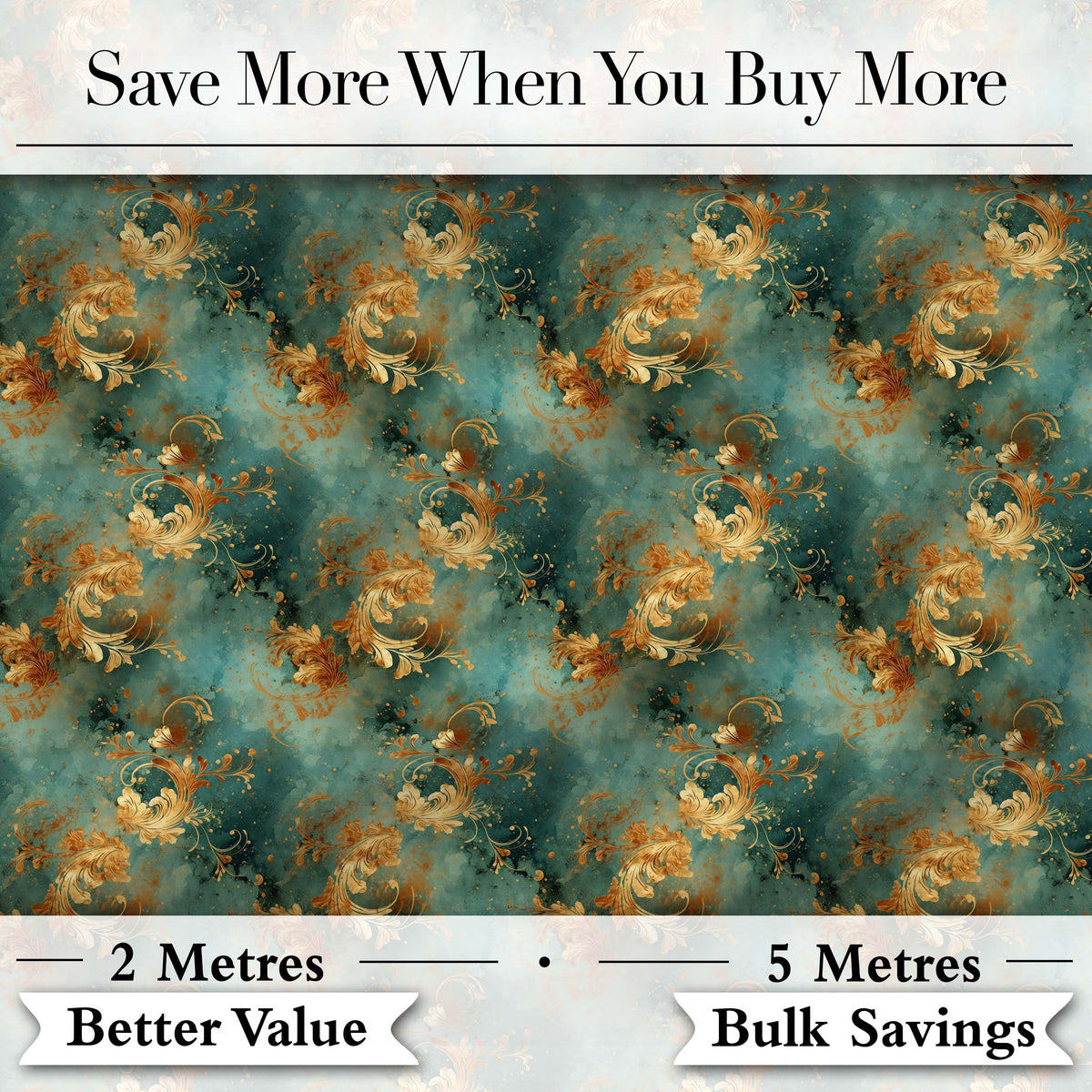 Elegant Gold Floral Scroll on Teal Background Seamless Pattern Digital Print Fabric by the Metre UK Sewing Quilting Textile