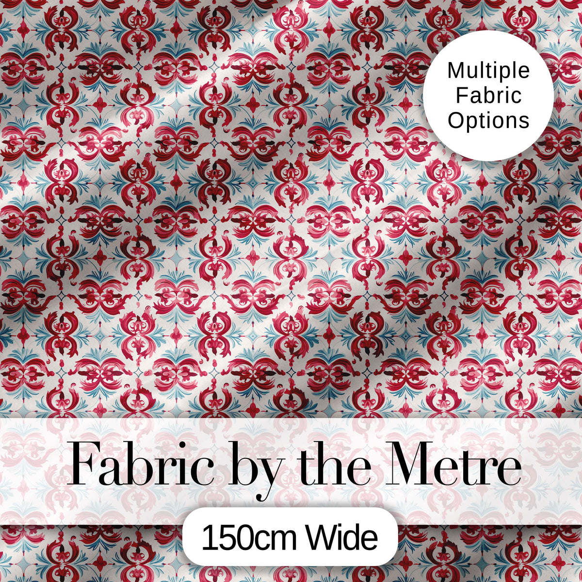 Elegant Red and Teal Decorative Ornamental Seamless Pattern Digital Print Fabric by the Metre UK Sewing Quilting Textile