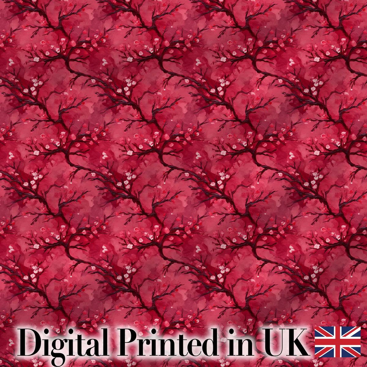 Watercolor Red Cherry Blossom Branch Seamless Pattern Digital Print Fabric by the Metre UK Sewing Quilting Textile