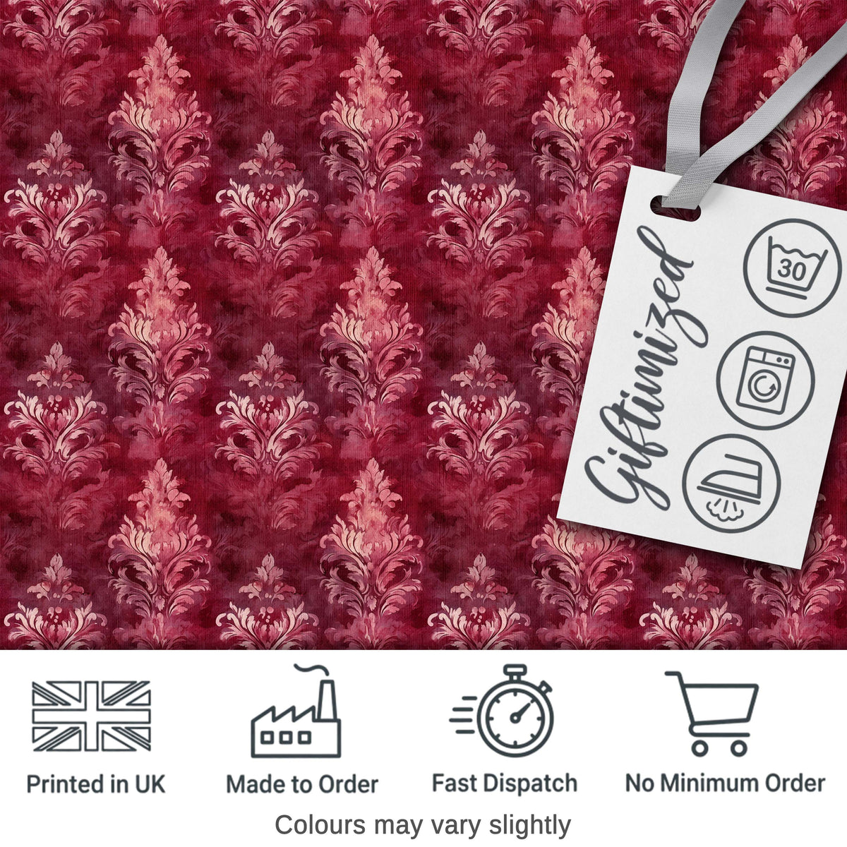 Rich Burgundy Watercolor Damask Ornamental Seamless Pattern Digital Print Fabric by the Metre UK Sewing Quilting Textile