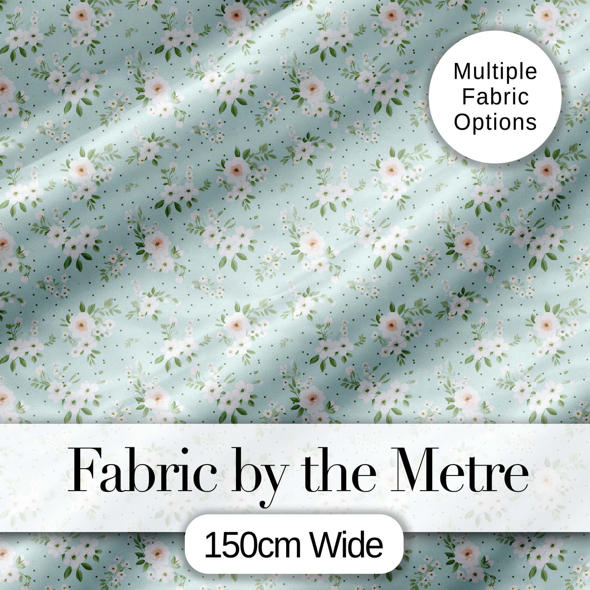 Delicate White Floral on Mint Green Seamless Pattern Digital Print Fabric by the Metre UK Sewing Quilting Textile