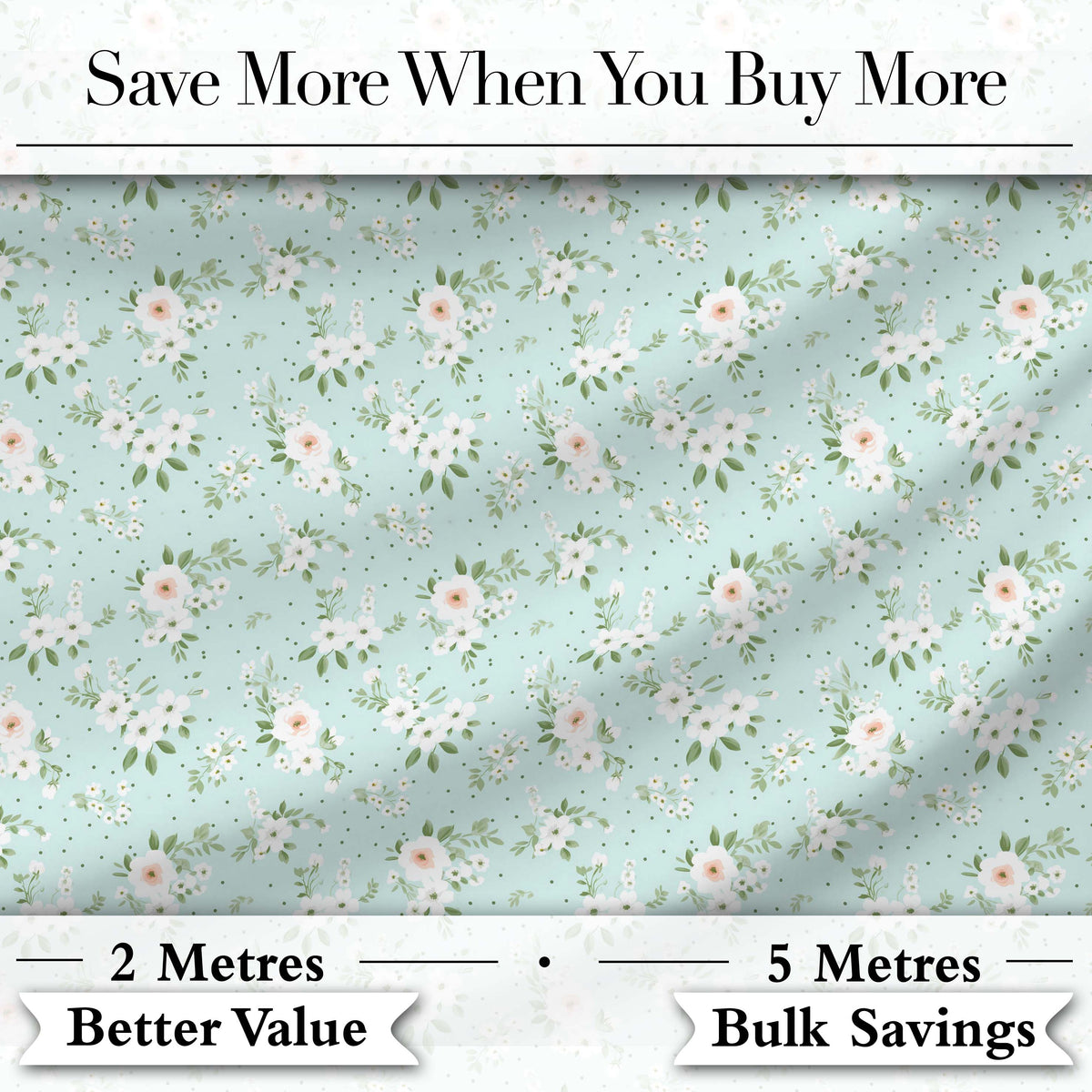 Delicate White Floral on Mint Green Seamless Pattern Digital Print Fabric by the Metre UK Sewing Quilting Textile