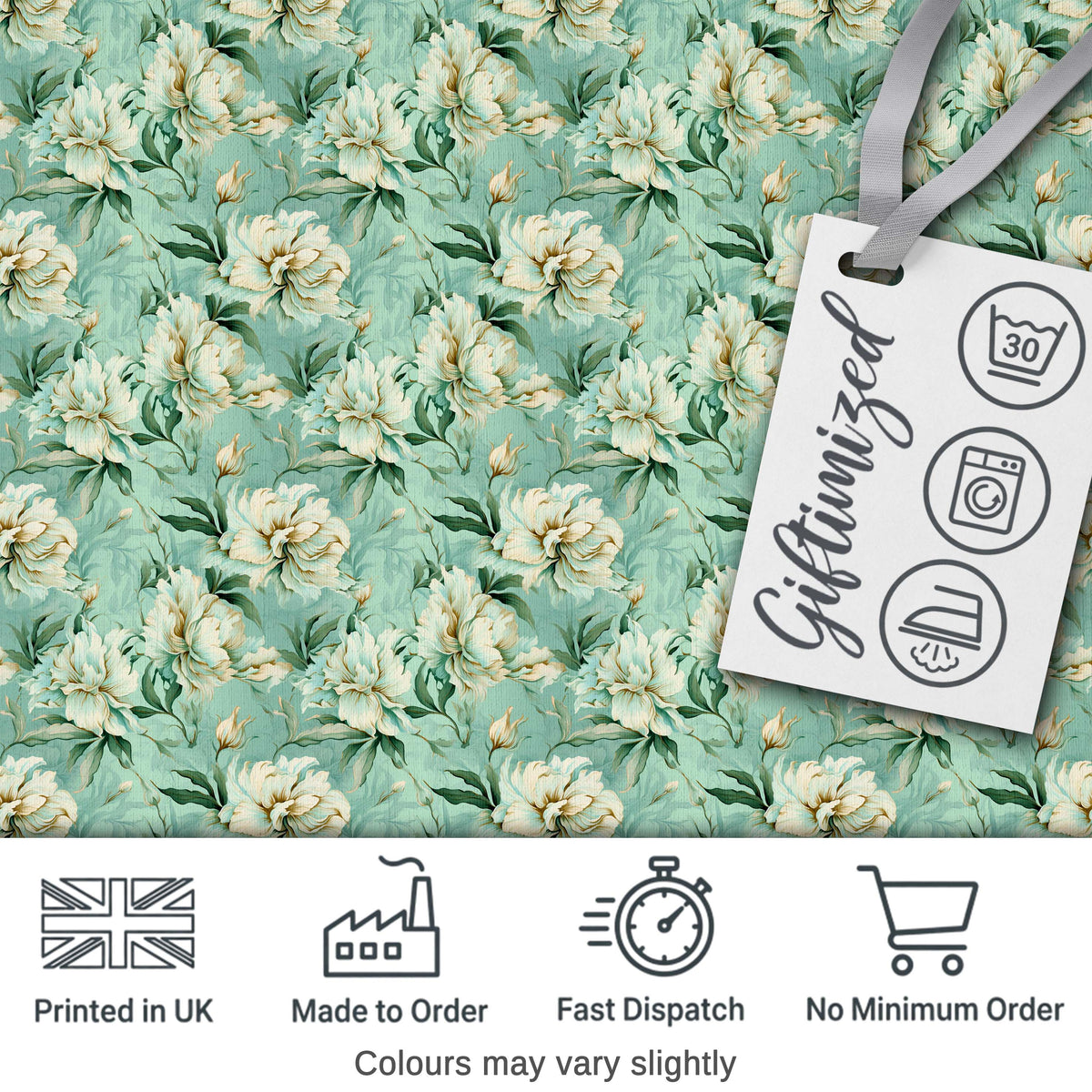 Elegant Cream Floral Bouquet on Soft Sage Green Seamless Pattern Digital Print Fabric by the Metre UK Sewing Quilting Textile