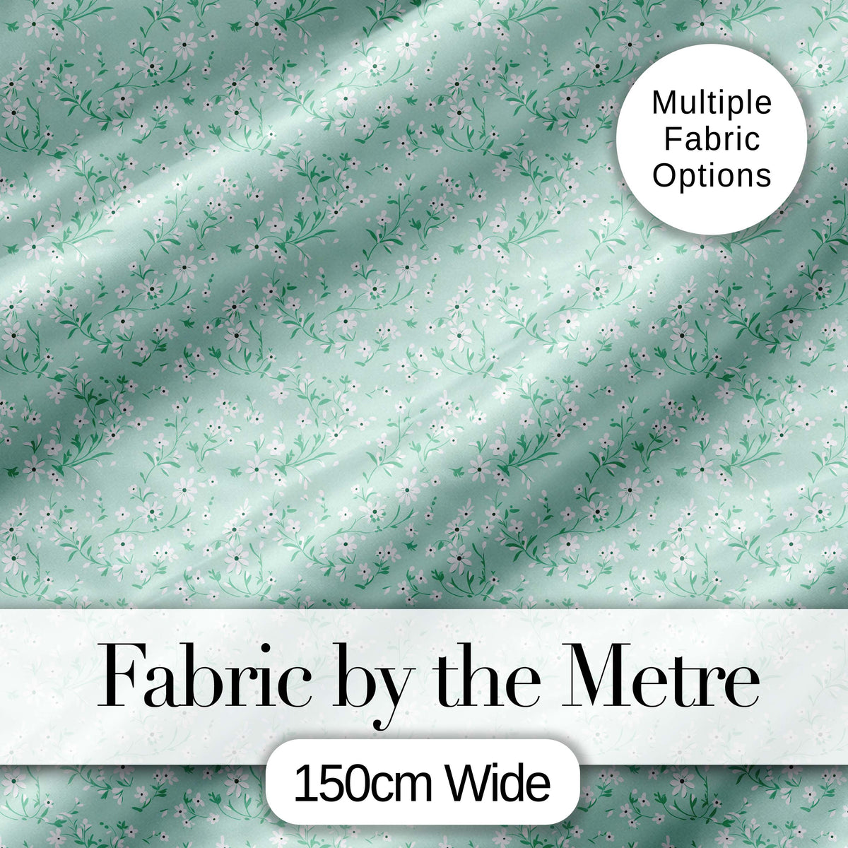 Delicate White Wildflower on Soft Green Seamless Pattern Digital Print Fabric by the Metre UK Sewing Quilting Textile