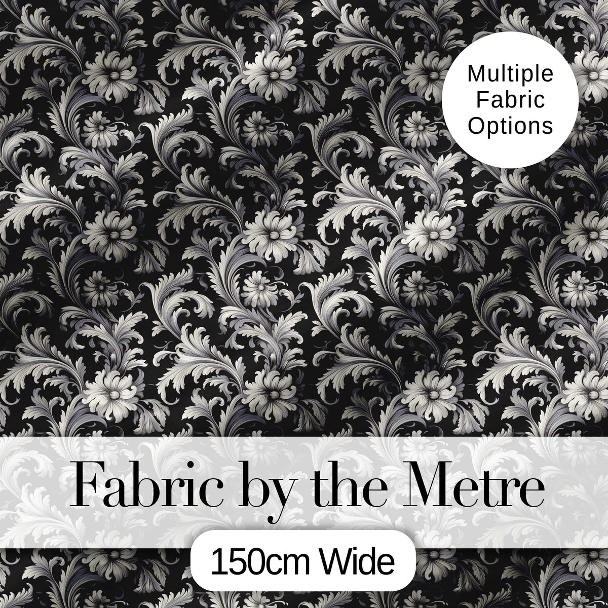 Classic Black and White Vintage Floral Scroll Seamless Pattern Digital Print Fabric by the Metre UK Sewing Quilting Textile