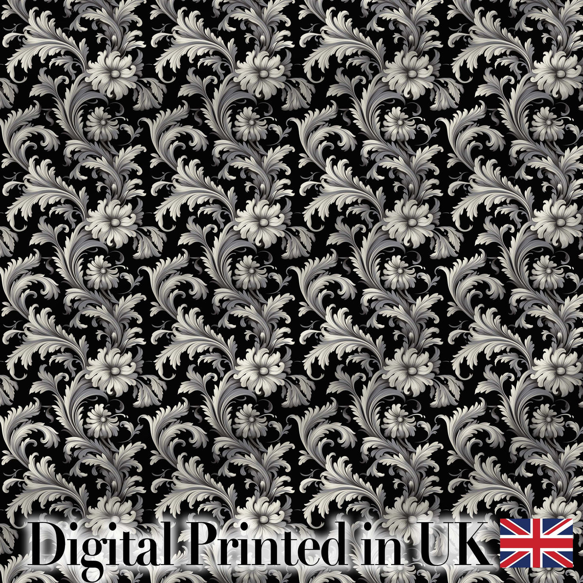 Classic Black and White Vintage Floral Scroll Seamless Pattern Digital Print Fabric by the Metre UK Sewing Quilting Textile