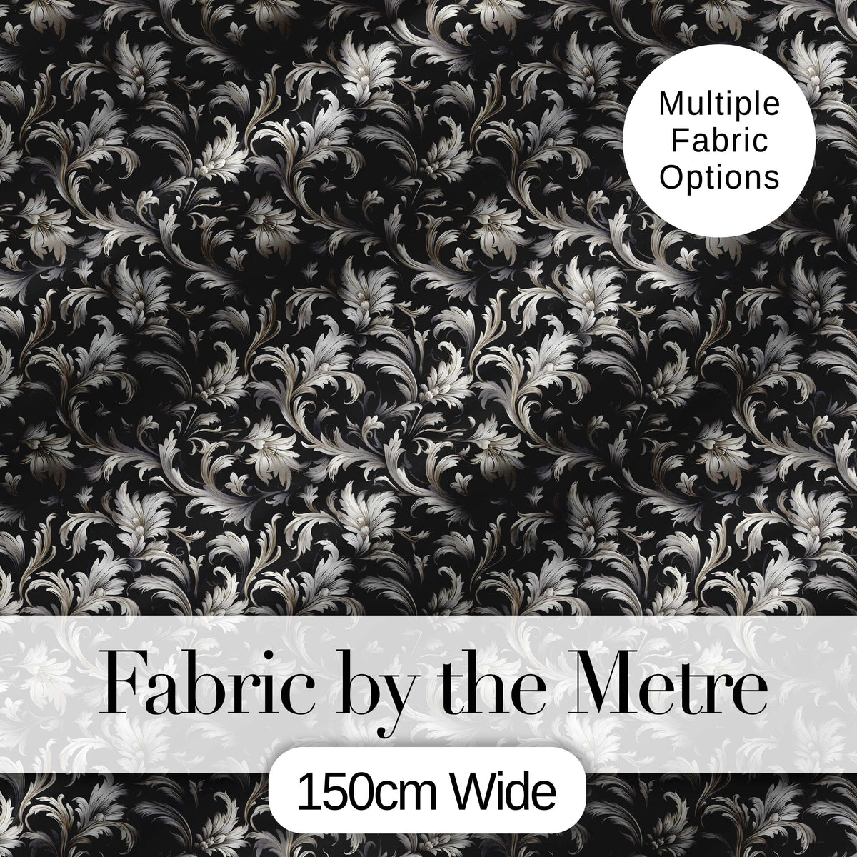 Luxury Black and Silver Floral Baroque Seamless Pattern Digital Print Fabric by the Metre UK Sewing Quilting Textile