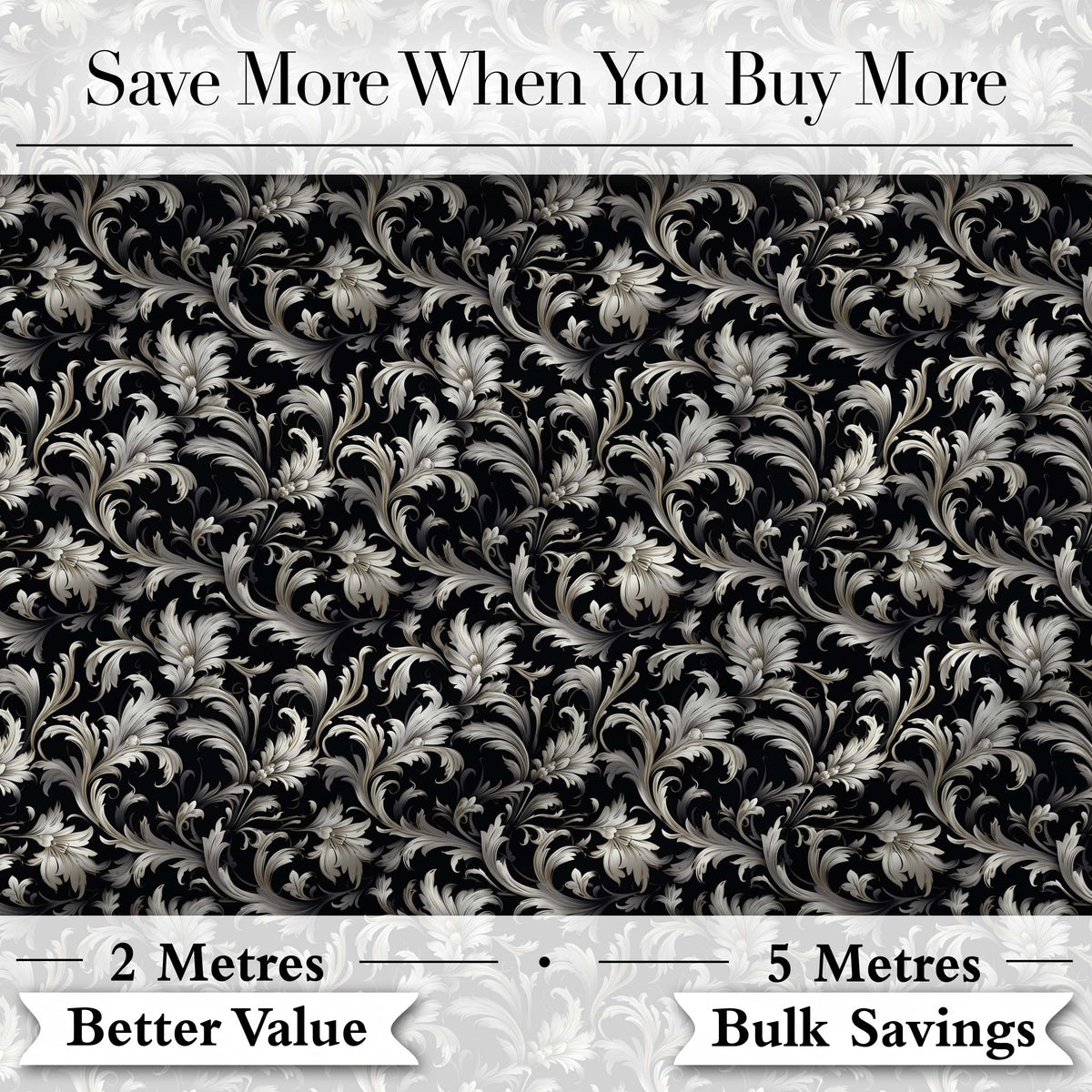 Luxury Black and Silver Floral Baroque Seamless Pattern Digital Print Fabric by the Metre UK Sewing Quilting Textile