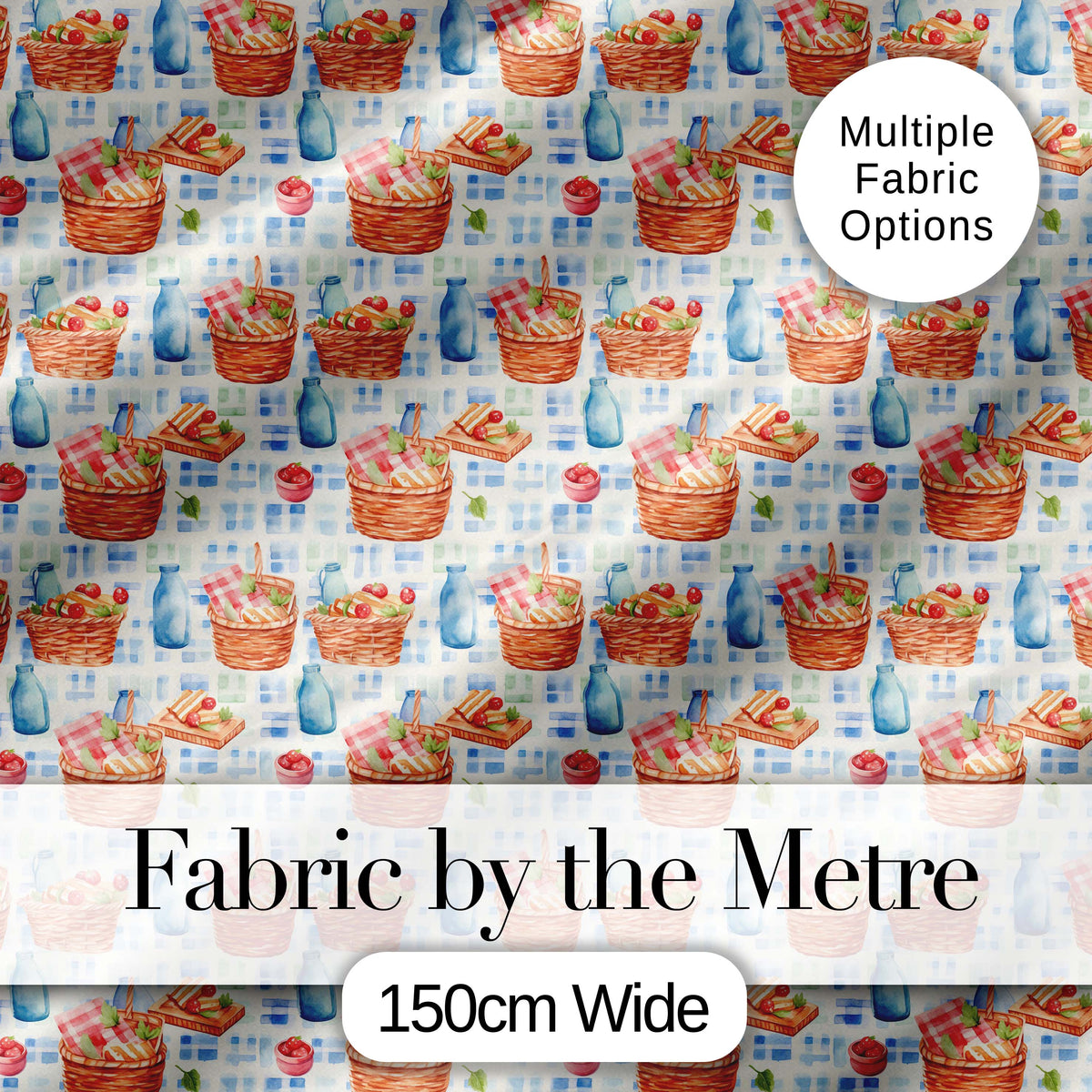 Watercolor Picnic Basket Food and Bottle Seamless Pattern Digital Print Fabric by the Metre UK Sewing Quilting Textile
