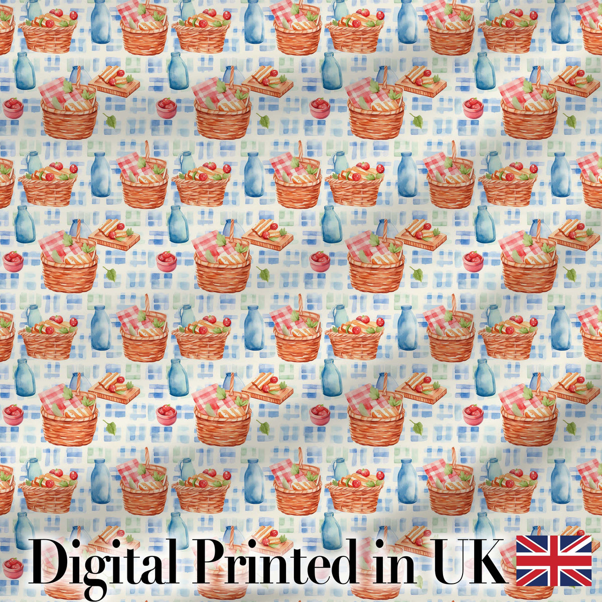 Watercolor Picnic Basket Food and Bottle Seamless Pattern Digital Print Fabric by the Metre UK Sewing Quilting Textile