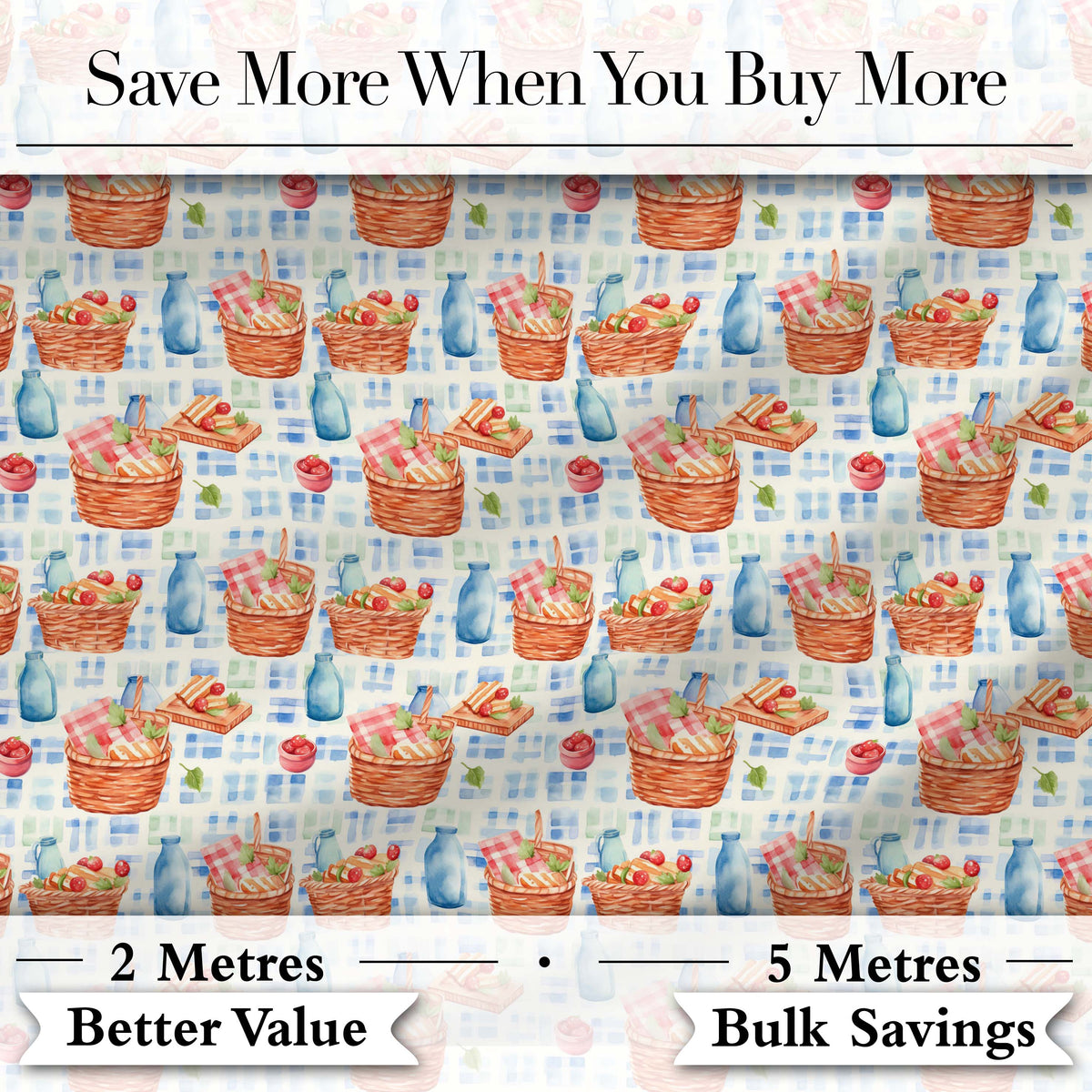 Watercolor Picnic Basket Food and Bottle Seamless Pattern Digital Print Fabric by the Metre UK Sewing Quilting Textile