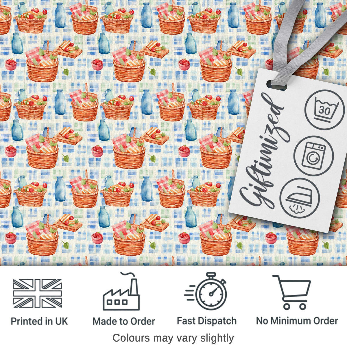 Watercolor Picnic Basket Food and Bottle Seamless Pattern Digital Print Fabric by the Metre UK Sewing Quilting Textile