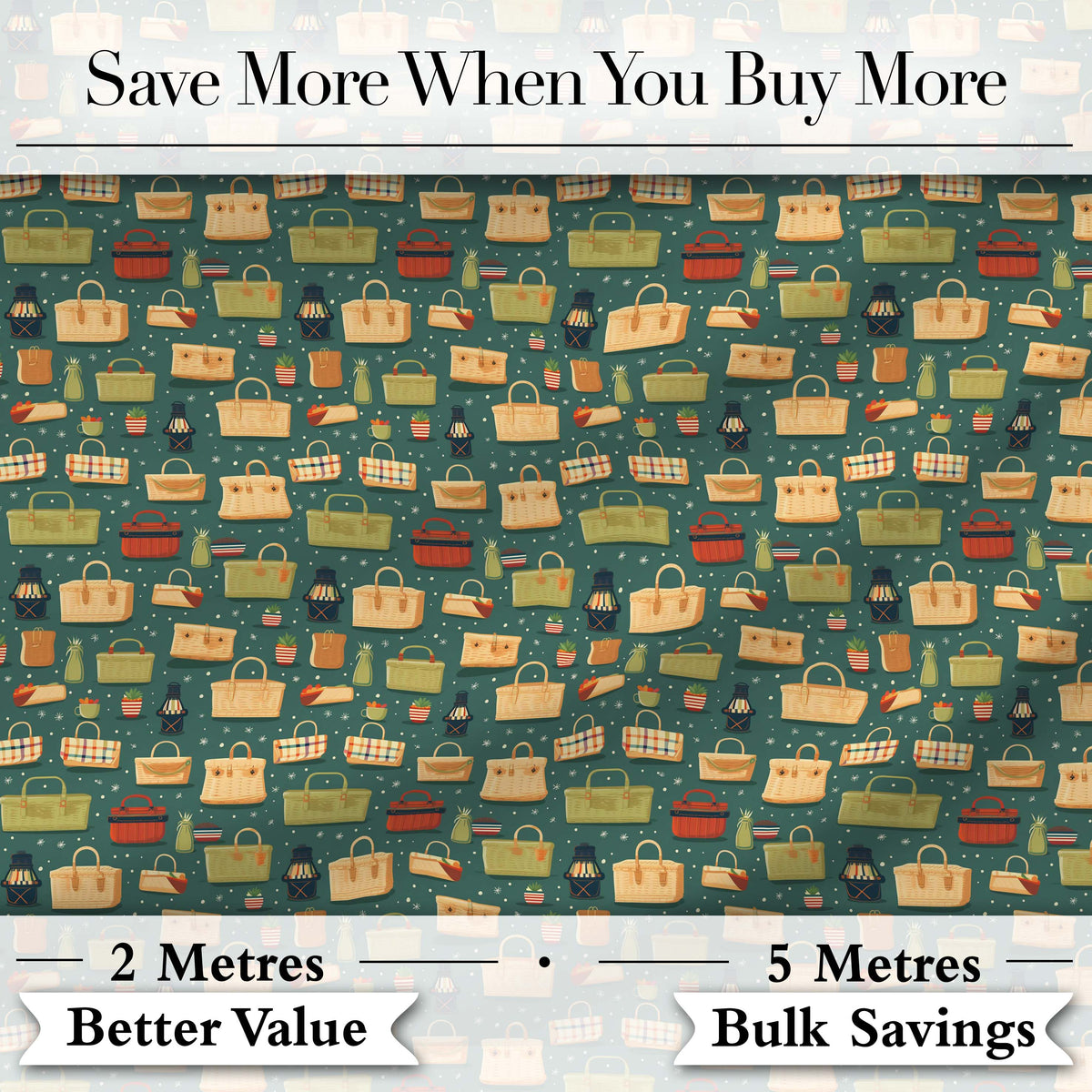 Cute Picnic Baskets and Camping Items Dark Green Seamless Pattern Digital Print Fabric by the Metre UK Sewing Quilting Textile