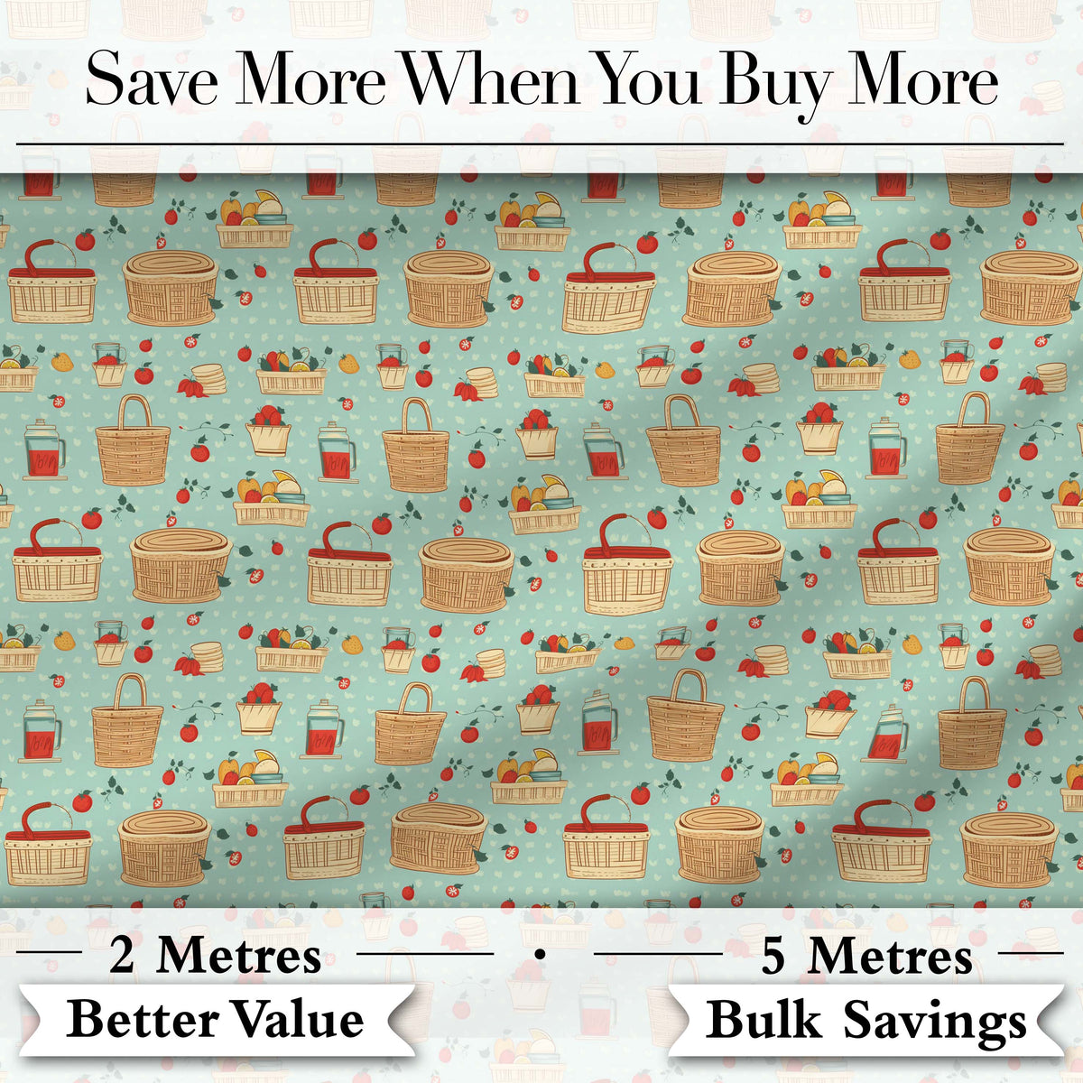 Cute Picnic Food and Basket Elements Soft Blue Seamless Pattern Digital Print Fabric by the Metre UK Sewing Quilting Textile