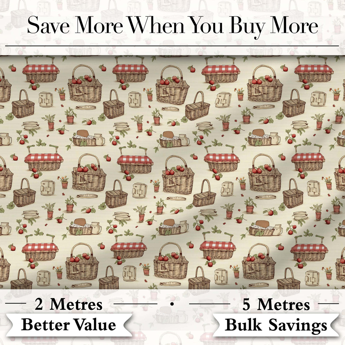 Rustic Picnic Basket with Strawberries and Garden Items Seamless Pattern Digital Print Fabric by the Metre UK Sewing Quilting Textile