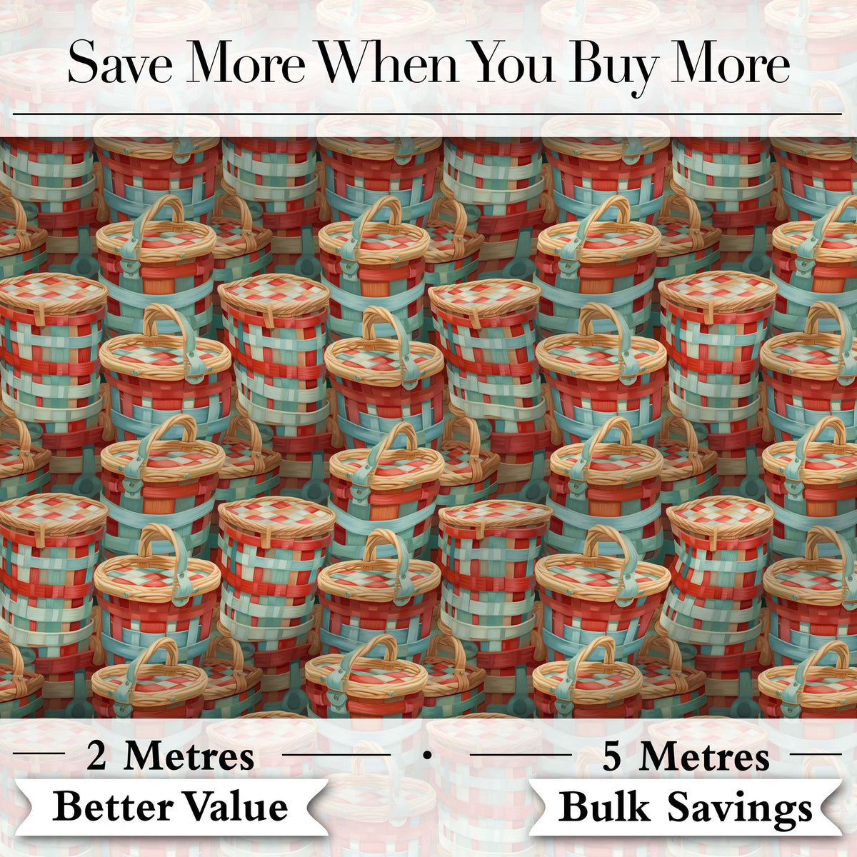 Detailed Wicker Picnic Baskets Close Up Seamless Pattern Digital Print Fabric by the Metre UK Sewing Quilting Textile
