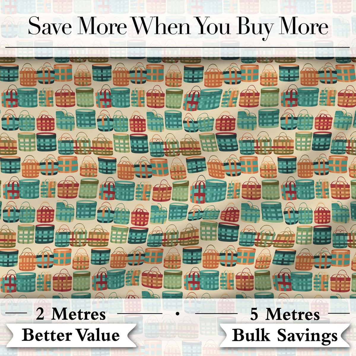 Colorful Modern Picnic Baskets Geometric Style Seamless Pattern Digital Print Fabric by the Metre UK Sewing Quilting Textile