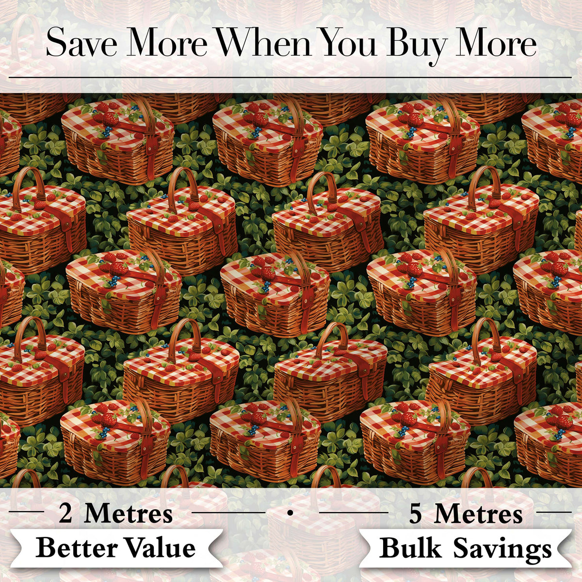 Red Gingham Picnic Basket with Strawberries Seamless Pattern Digital Print Fabric by the Metre UK Sewing Quilting Textile