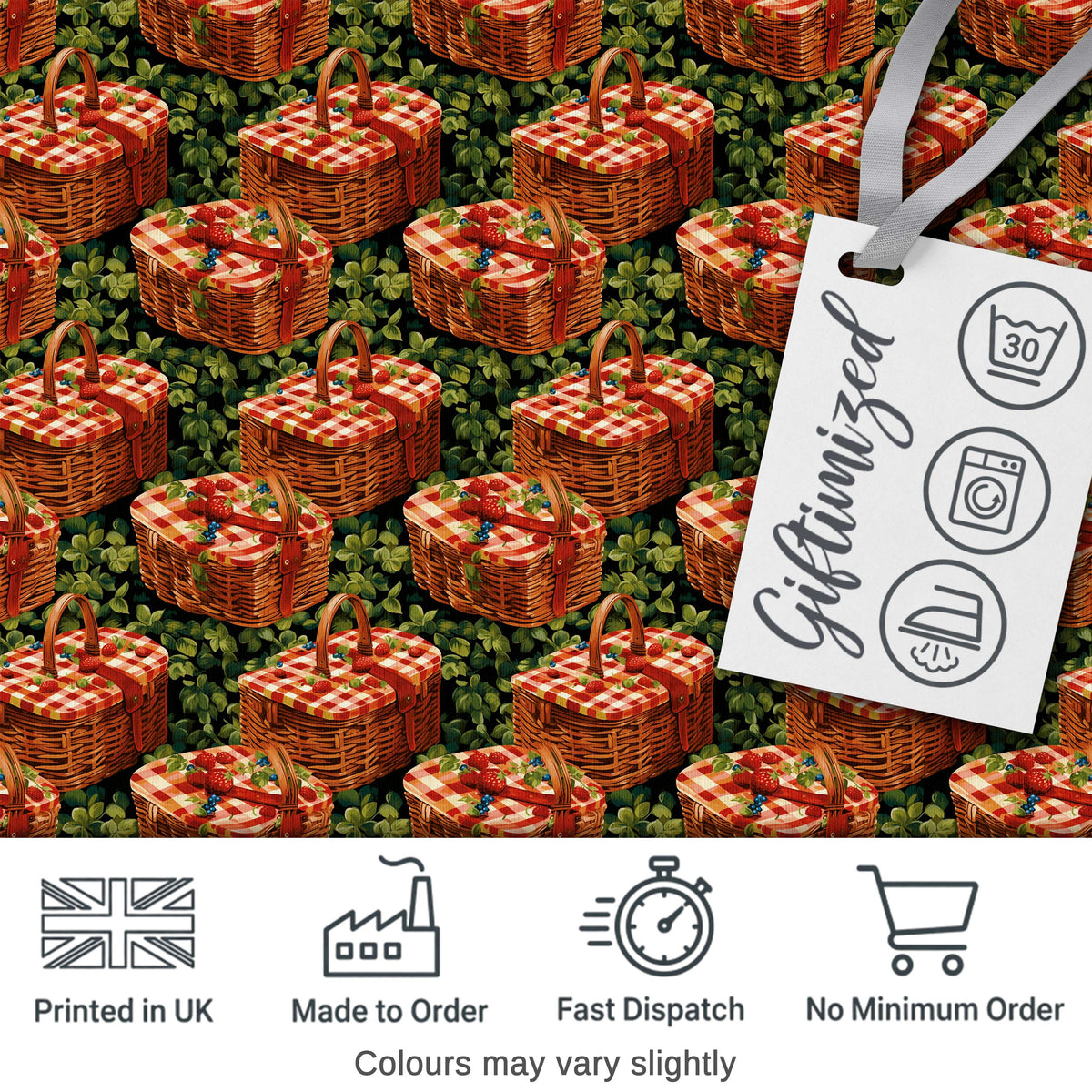 Red Gingham Picnic Basket with Strawberries Seamless Pattern Digital Print Fabric by the Metre UK Sewing Quilting Textile