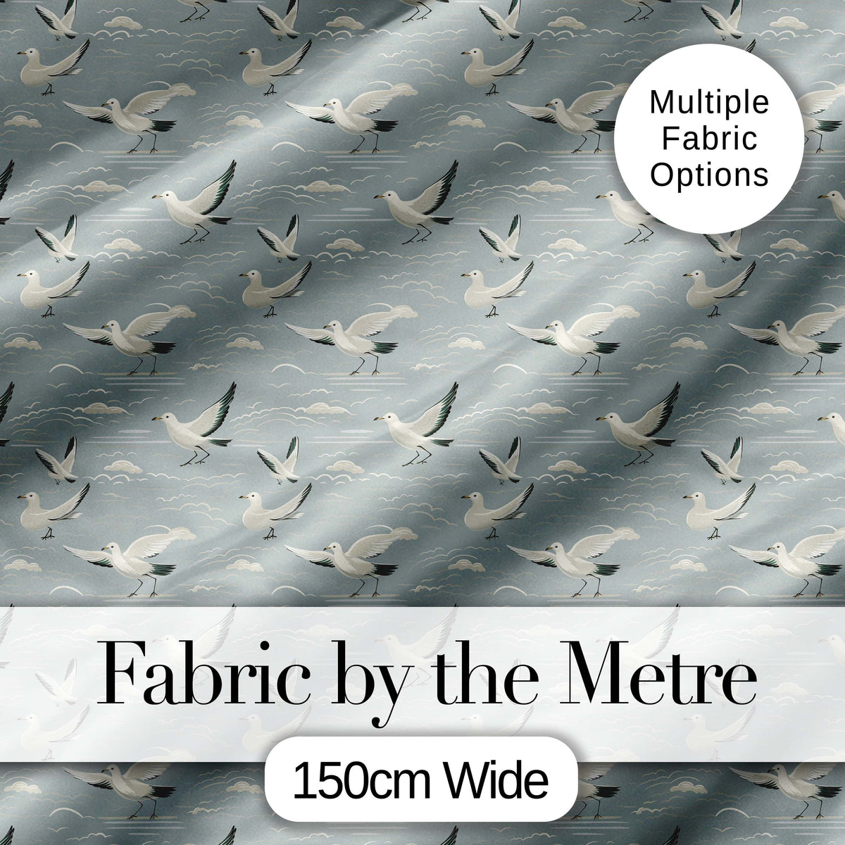 Elegant Flying Seagulls Soft Cloud Sky Seamless Pattern Digital Print Fabric by the Metre UK Sewing Quilting Textile