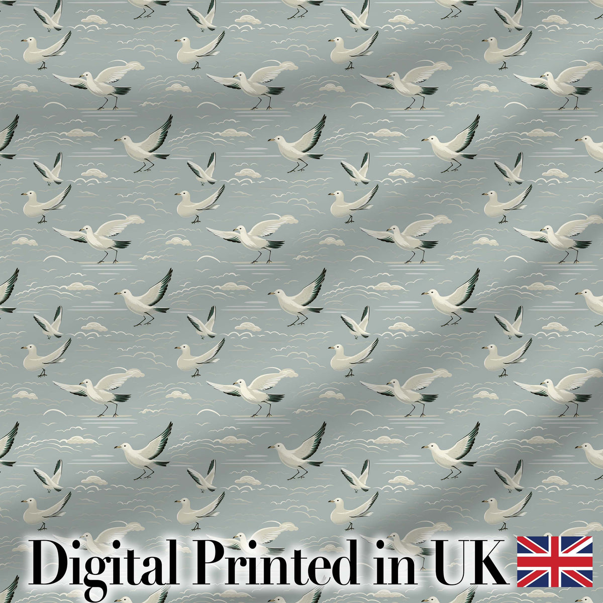 Elegant Flying Seagulls Soft Cloud Sky Seamless Pattern Digital Print Fabric by the Metre UK Sewing Quilting Textile