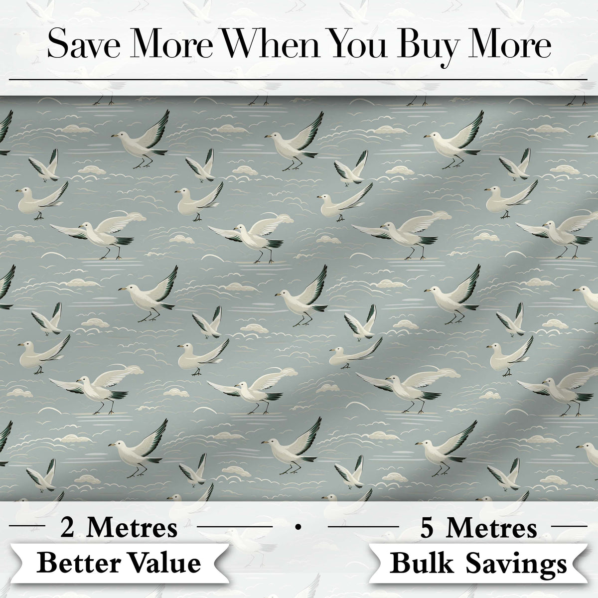 Elegant Flying Seagulls Soft Cloud Sky Seamless Pattern Digital Print Fabric by the Metre UK Sewing Quilting Textile