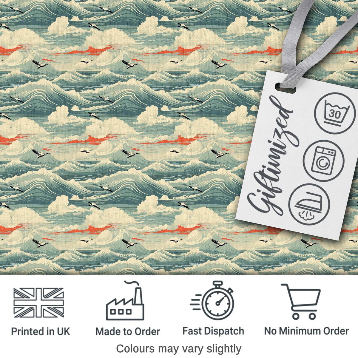 Ocean Waves with Flying Seabirds Scenic Seamless Pattern Digital Print Fabric by the Metre UK Sewing Quilting Textile