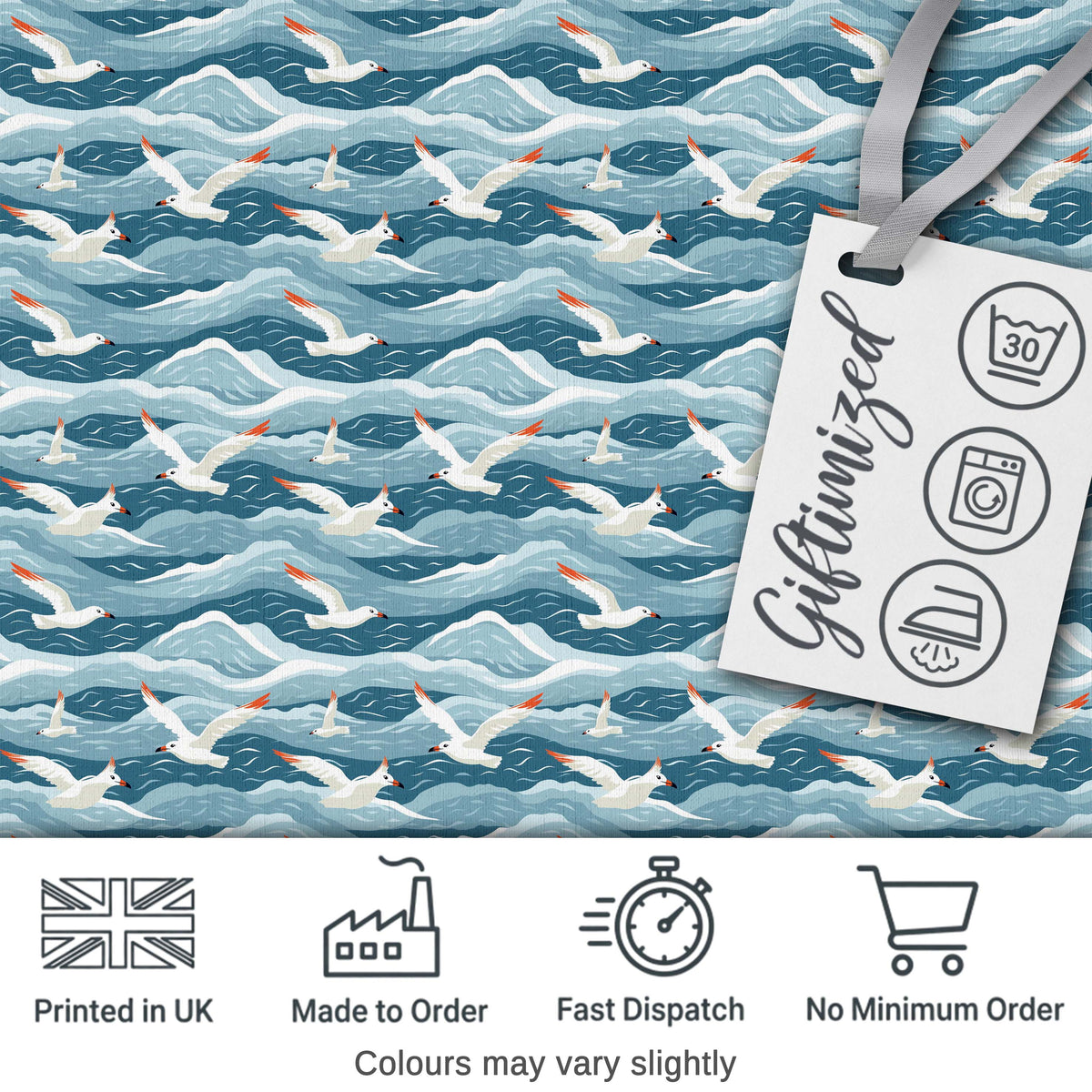 Seagulls Flying Over Ocean Waves Blue Coastal Seamless Pattern Digital Print Fabric by the Metre UK Sewing Quilting Textile